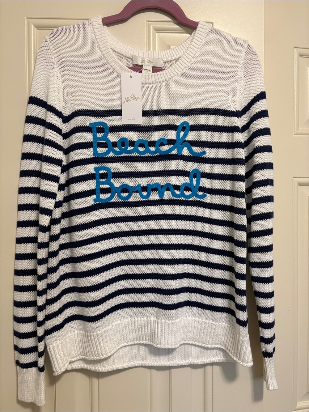 Lilly Pulitzer White and Navy Striped "Beach Bound" Crewneck Sweater